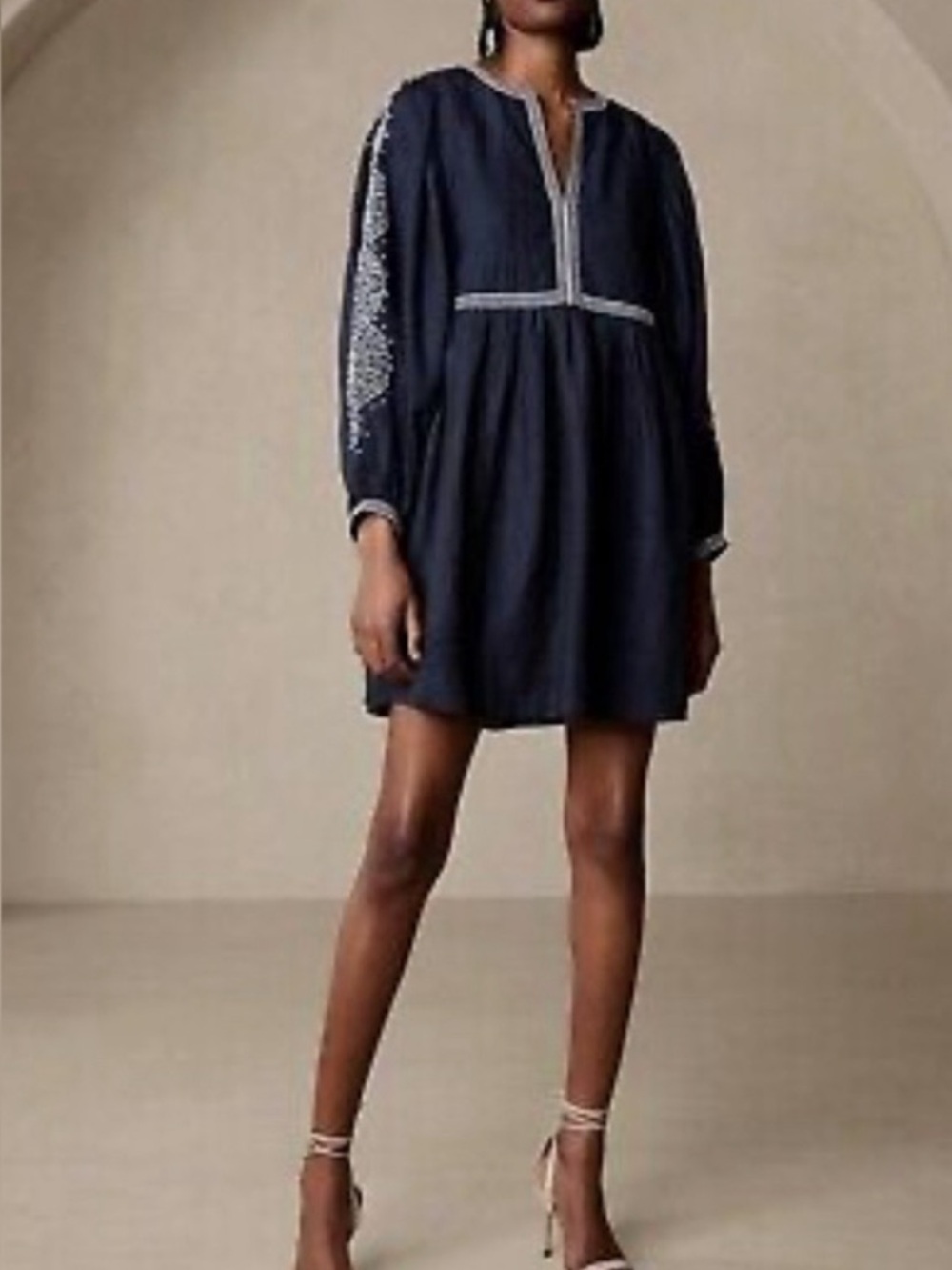 Banana Republic Yara Linen Embroidered Navy Long-Sleeve Mini Dress